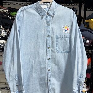 Vintage 90s NFL Pittsburg Steelers Denim Longsleeve Button Up Shirt Size Large